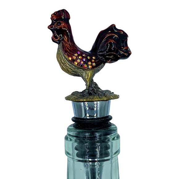 Bejeweled Rooster Wine Bottle Stopper, Enameled Pewter Rhinestones - Picture 6 of 7